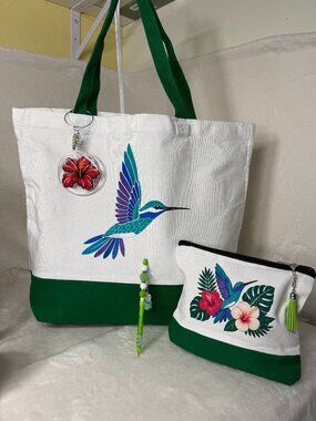 Large Hummingbird Tote Bag Set with Matching Pouch – 12"x15"x4"